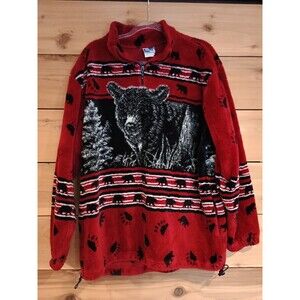 Vintage Art Unlimited Jacket Adult XL Red 1/4 Zip Fleece Bear Outdoors Sherpa